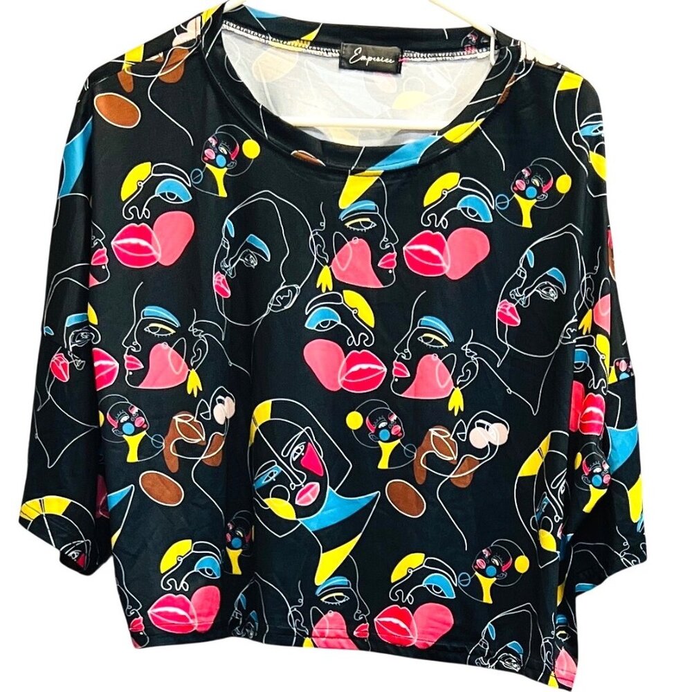 Emperice Womens XL Black Abstract Print Crop Top 100% Polyester - Picture 2 of 5